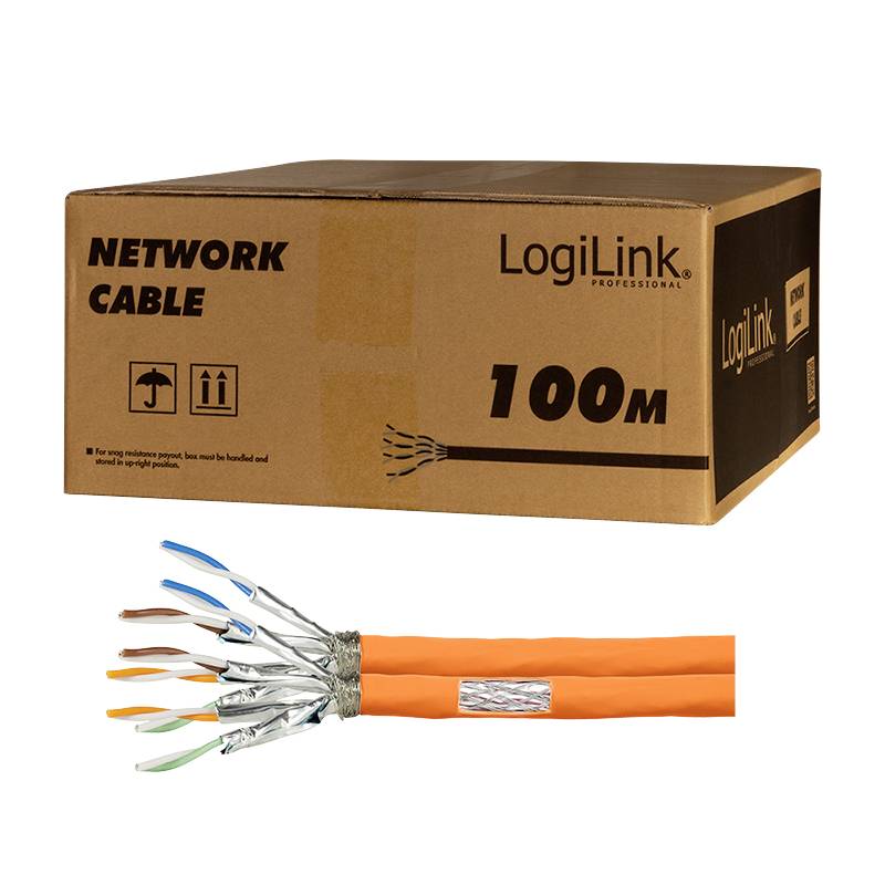 Karton firmy 'LogiLink' z napisem 'Kabel sieciowy 100M'. Poniżej pomarańczowy, ekranowany kabel sieciowy z odsłoniętymi, kolorowymi przewodami wewnętrznymi.