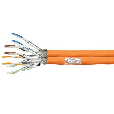 Dwa pomarańczowe kable Ethernet z odkrytymi przewodami, odsłaniające strukturę i kodowanie kolorystyczne wewnętrznych przewodników.