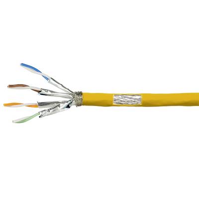 Żółty kabel sieciowy z odkrytymi przewodami miedzianymi i ekranowaniem, używany do łączenia i przesyłania danych w sieciach.