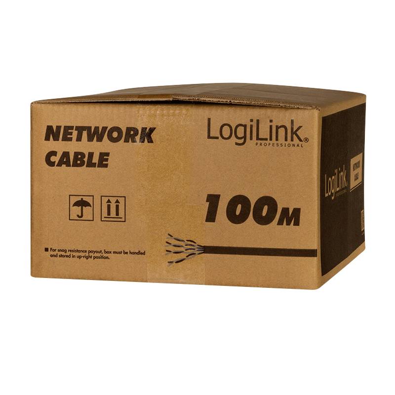 Brązowe pudełko z napisem "LogiLink Professional Network Cable 100M". Widoczne są symbole oznaczające konieczność ostrożnego obchodzenia się z zawartością.