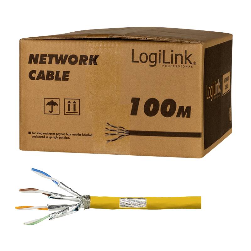 Karton z napisem 'Kabel sieciowy 100m LogiLink'. Poniżej żółty kabel sieciowy z widocznymi kolorowymi żyłami i ekranem.