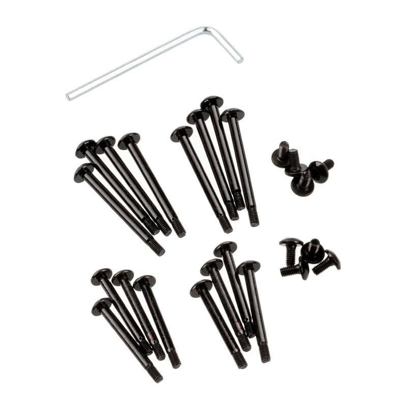 Czarne śruby o różnych rozmiarach oraz srebrny klucz sześciokątny na białym tle. Zestaw narzędzi do montażu.