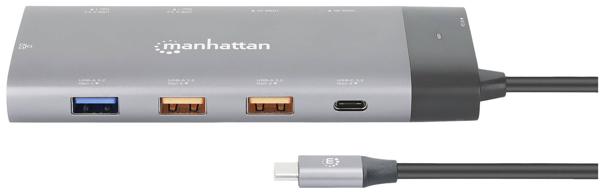 Wieloportowy hub USB-C firmy Manhattan z wieloma opcjami podłączenia, w tym USB-A, HDMI i USB-C. Łączy urządzenia z komputerem.