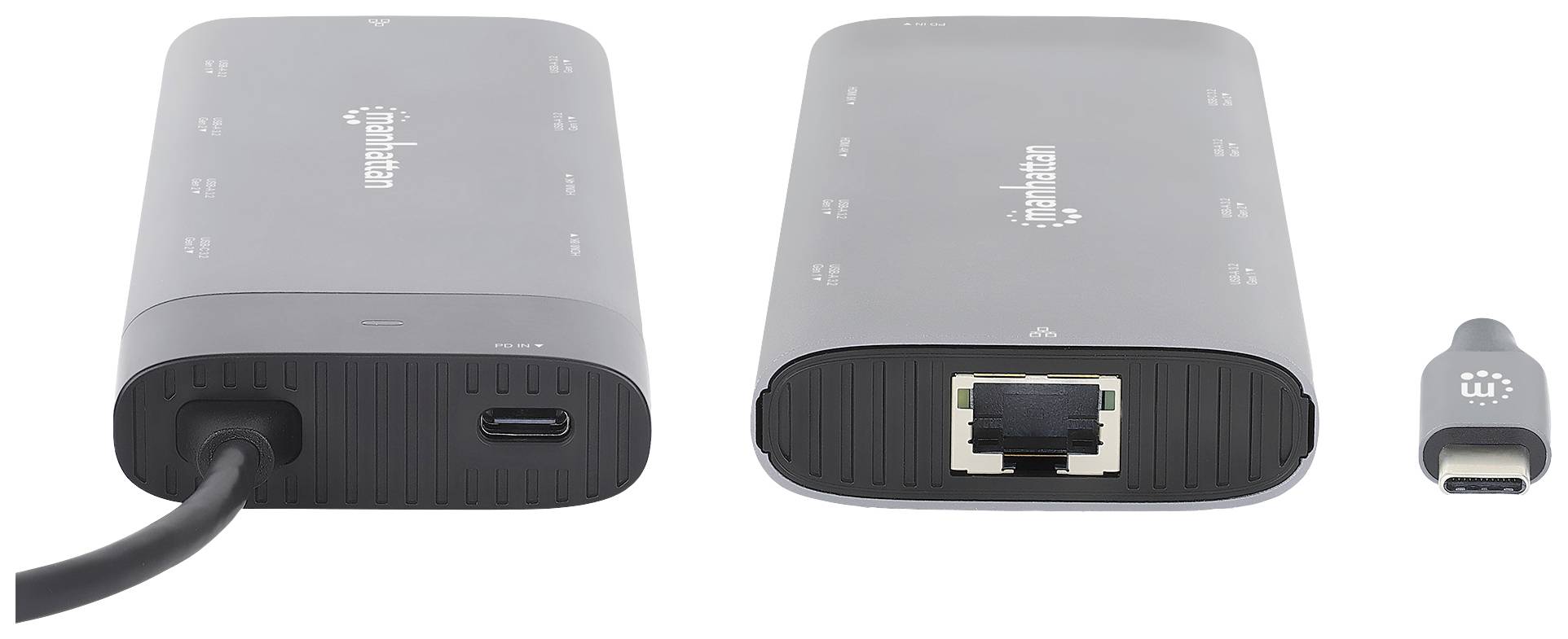 Adapter pokazuje dwa widoki: po lewej stronie z podłączonym kablem USB-C, a po prawej stronie z gniazdem Ethernet i wyjmowalnym złączem USB-C.