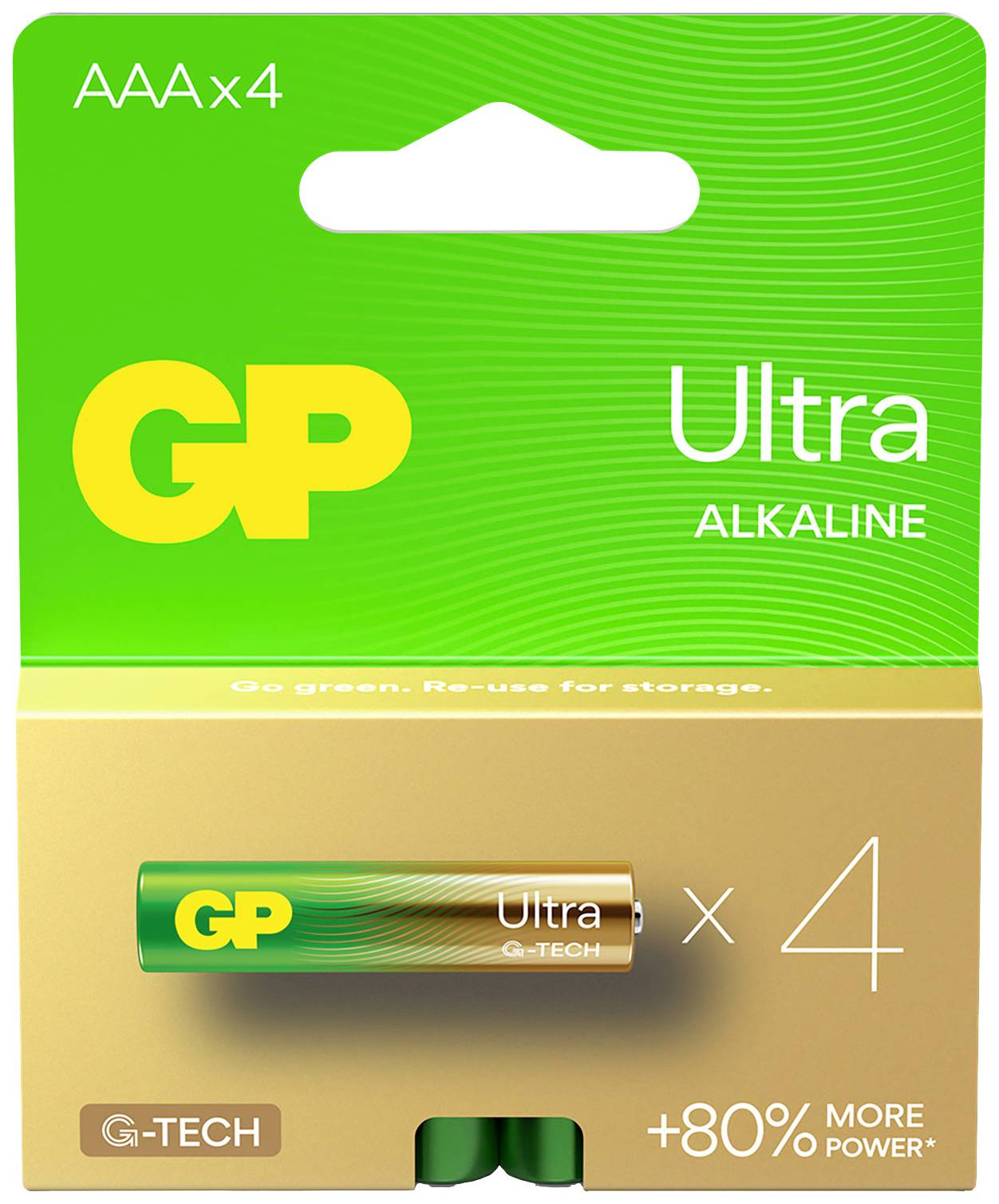 'Baterie alkaliczne GP Ultra AAA, 4 sztuki, o 80% większej wydajności. Wielokrotnie używalne opakowanie z logo G-TECH.'