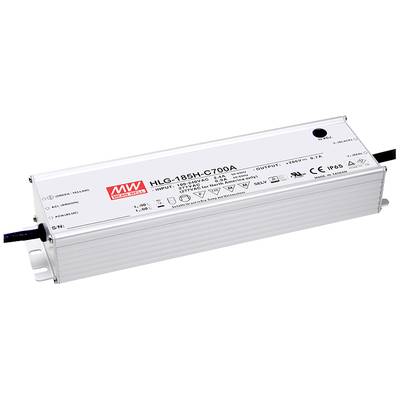'Zasilacz LED Mean Well HLG-185H-C700A, 185W, prąd stały, IP65, zakres wejściowy 100-240V AC, wyjście 186-264V DC, 700mA.'