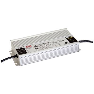 Zasilacz w aluminiowej obudowie, z wejściem i wyjściem do podłączenia elektrycznego. Oznaczenie typu 'HLG-480H-C1400A' na etykiecie.