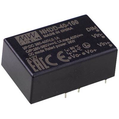 Prostokątny element elektroniczny z napisem 'Mean Well NHDD-40-100', z pinami przyłączeniowymi u dołu, w czarnej obudowie.
