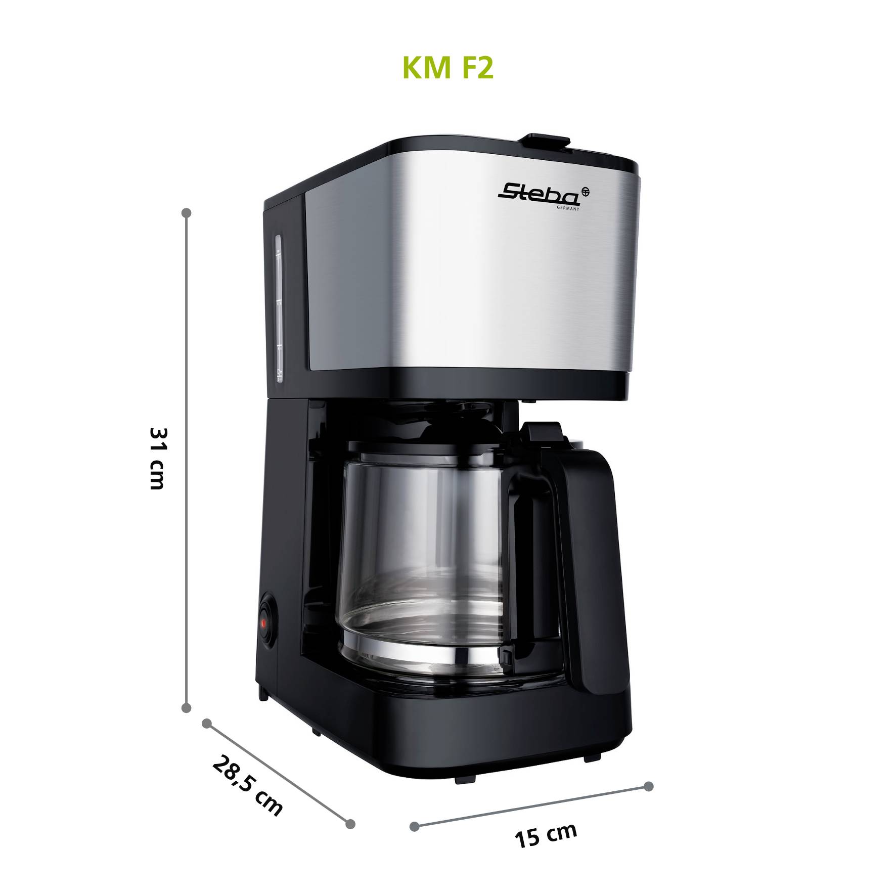 Ekspres do kawy ze szklanym dzbankiem, w kolorze srebrno-czarnym, o wymiarach 31 cm wysokości, 28,5 cm głębokości i 15 cm szerokości. Model: KM F2 firmy Steba.