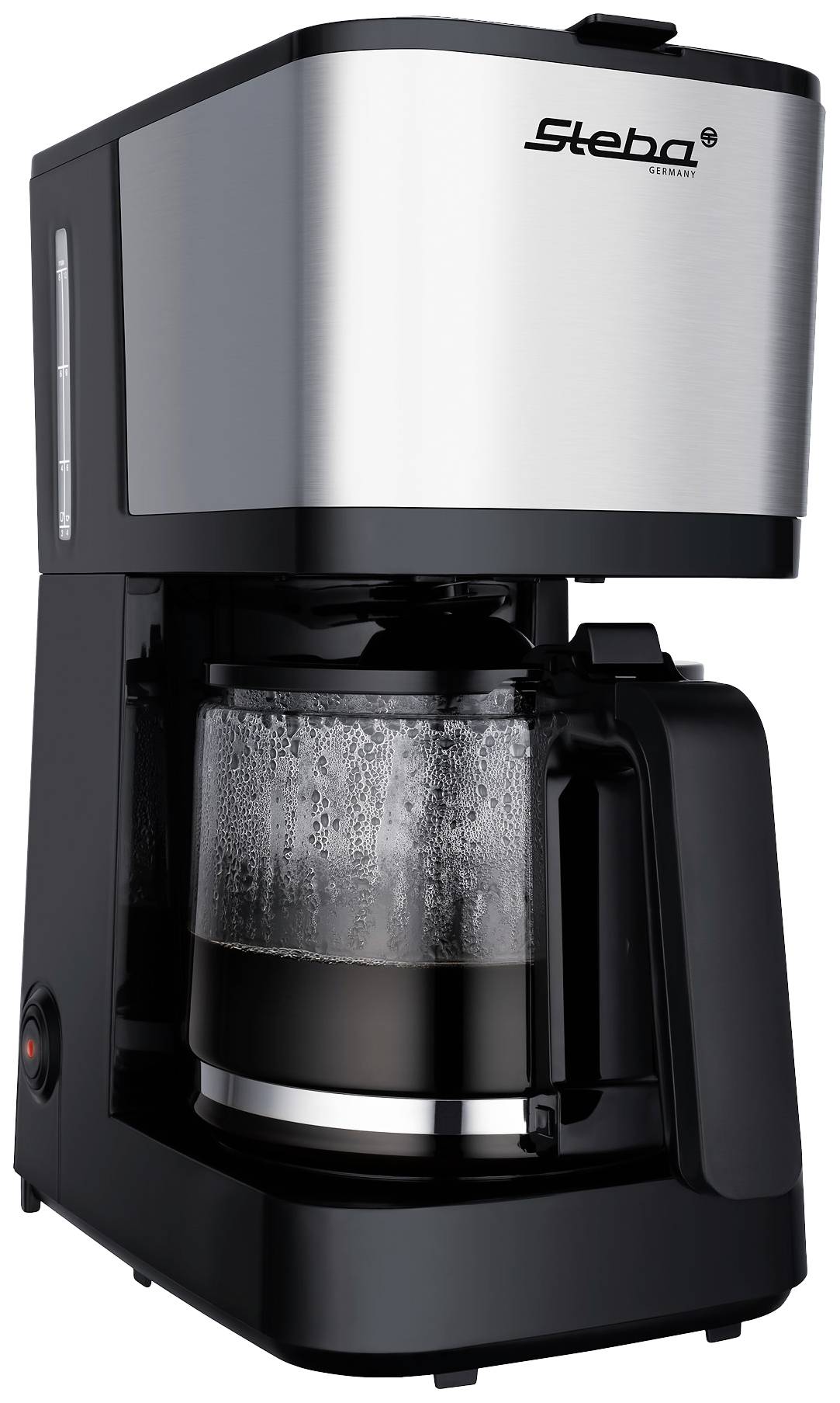 Czarna ekspres do kawy ze szklanym dzbankiem, napełniona świeżo zaparzoną kawą. Powierzchnia ze stali nierdzewnej. Widoczna marka 'Steba' w prawym górnym rogu.