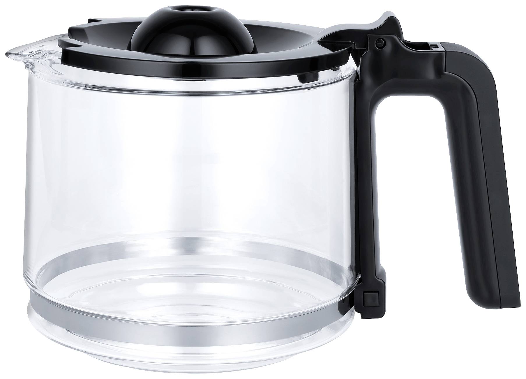 Pustą, przezroczystą szklankę z czarnym uchwytem i pokrywką, przypominającą dzbanek do kawy.