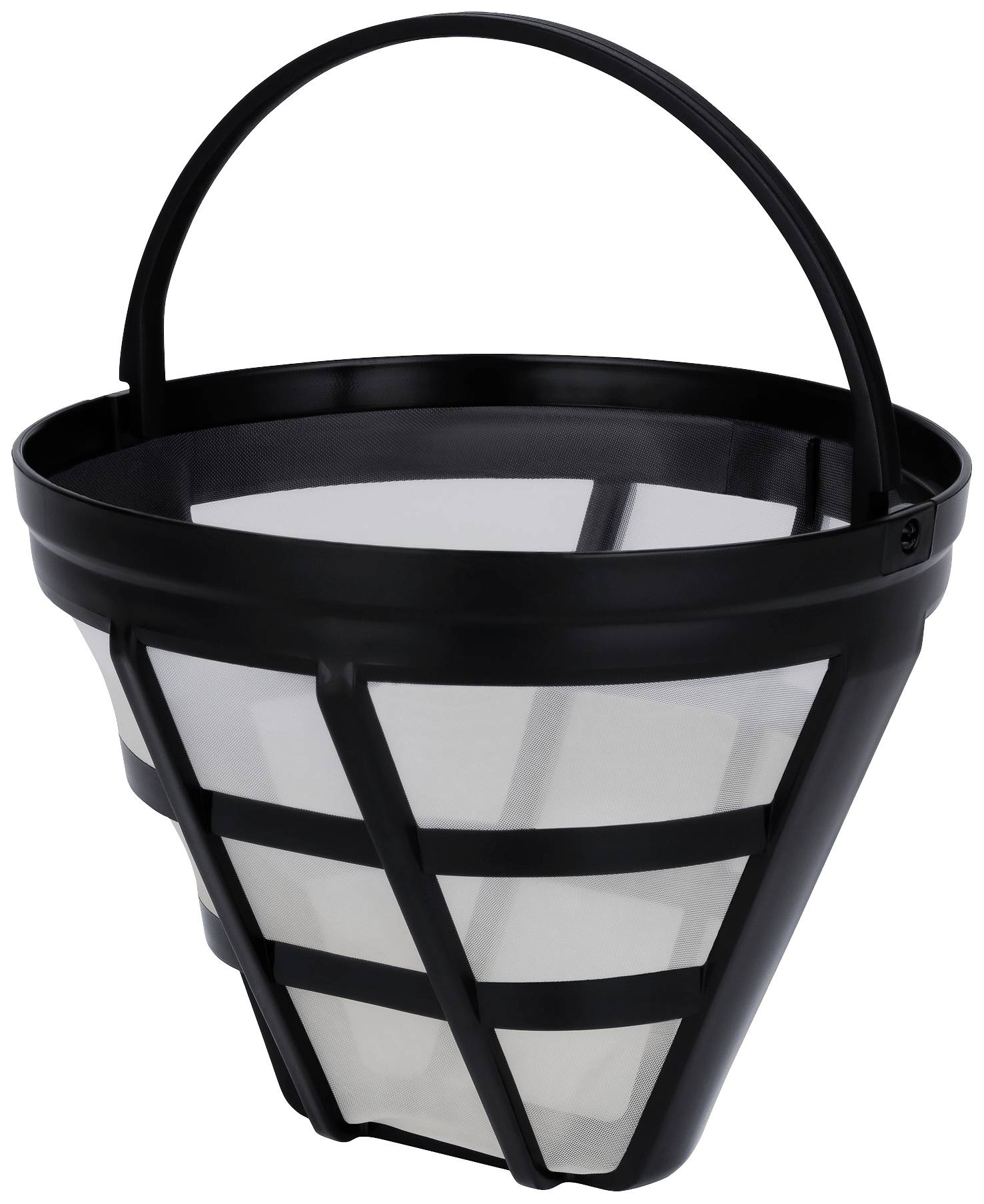 Czarny filtr koszowy z okrągłymi uchwytami i pionowymi prętami, odpowiedni do ekspresu do kawy lub filtra wody.