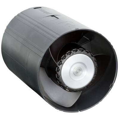 Czarny, cylindryczny wentylator z widocznymi łopatkami wirnika, ułożony poziomo. Stosowany w systemach wentylacyjnych.