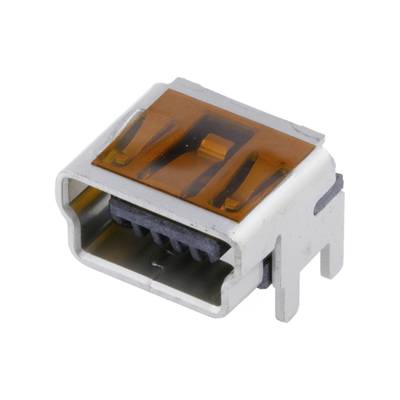 Złącze USB z prostokątną obudową i pomarańczową częścią wewnętrzną, nadające się do montażu na płytkach drukowanych.