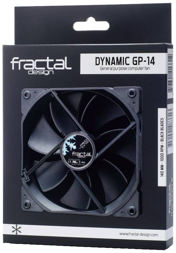 Opakowanie wentylatora Fractal Design Dynamic GP-14. Wentylator jest czarny, przeznaczony do zastosowań ogólnych.