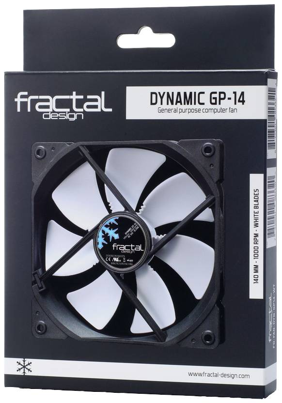 Pudełko wentylatora komputerowego 'Fractal Dynamic GP-14' z czarną ramką i białymi łopatkami wentylatora, z informacjami o prędkości obrotowej.