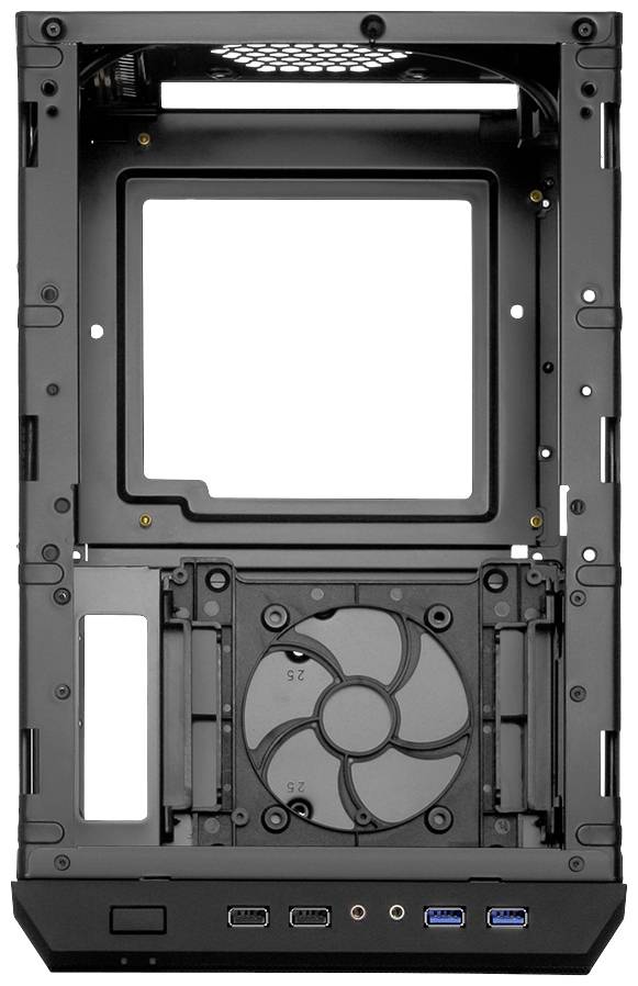 Czarna obudowa komputera z odkrytym wnętrzem, widocznym wentylatorem od spodu oraz portami USB i audio na przedniej ścianie.