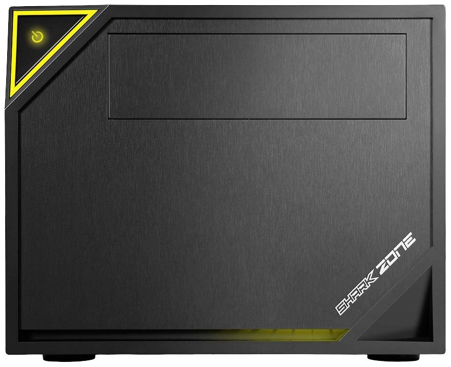 Kompaktowa, czarna obudowa komputera z świecącym żółtym akcentem i napisem 'Dark Zone' w dolnym prawym rogu.