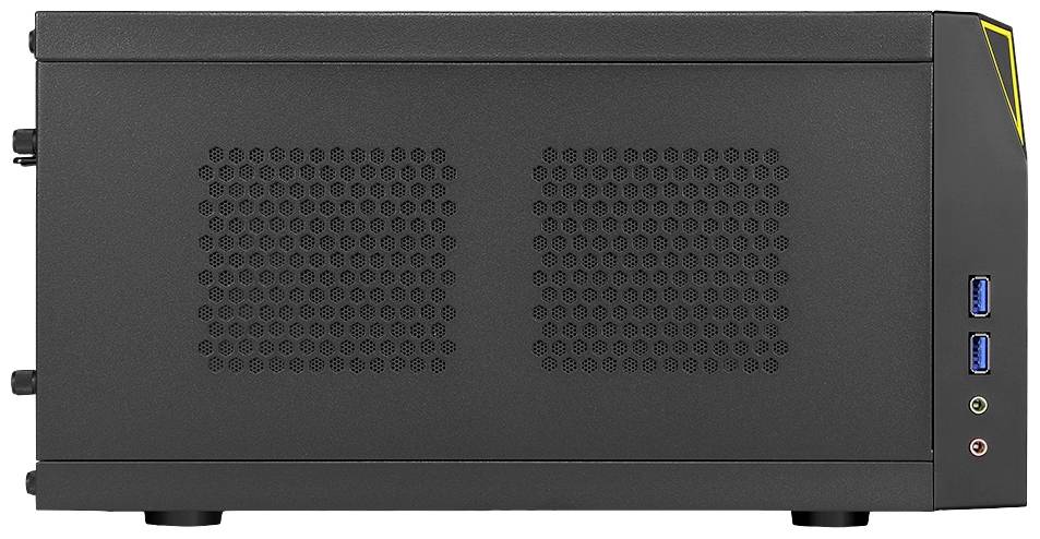 Czarna obudowa komputera widziana z boku, z kratką wentylacyjną i kilkoma złączami USB po prawej stronie.