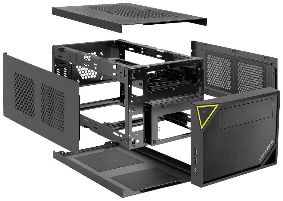 Rysunek rozstrzelony obudowy komputera z odejmowanymi bokami i górną pokrywą, prezentujący wewnętrzną strukturę i sloty rozszerzeń.