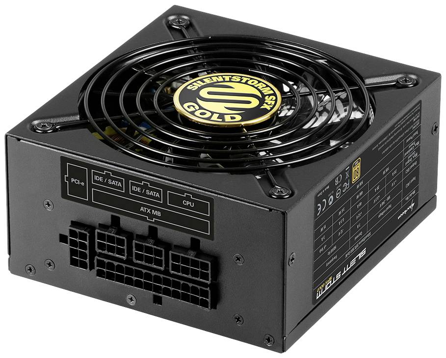 Czarny zasilacz komputerowy z wentylatorem, model "SilentStorm SFX Gold", prezentuje złącza PCIe, IDE/SATA, CPU oraz płyty głównej ATX.