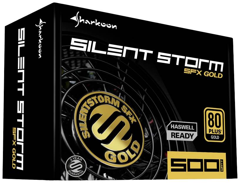 Opakowanie zasilacza 'Sharkoon Silent Storm SFX Gold', prezentujące logo, informacje 'HASWELL READY', '80 PLUS GOLD', '500 Wat'. Podkreślenie kluczowych cech produktu.