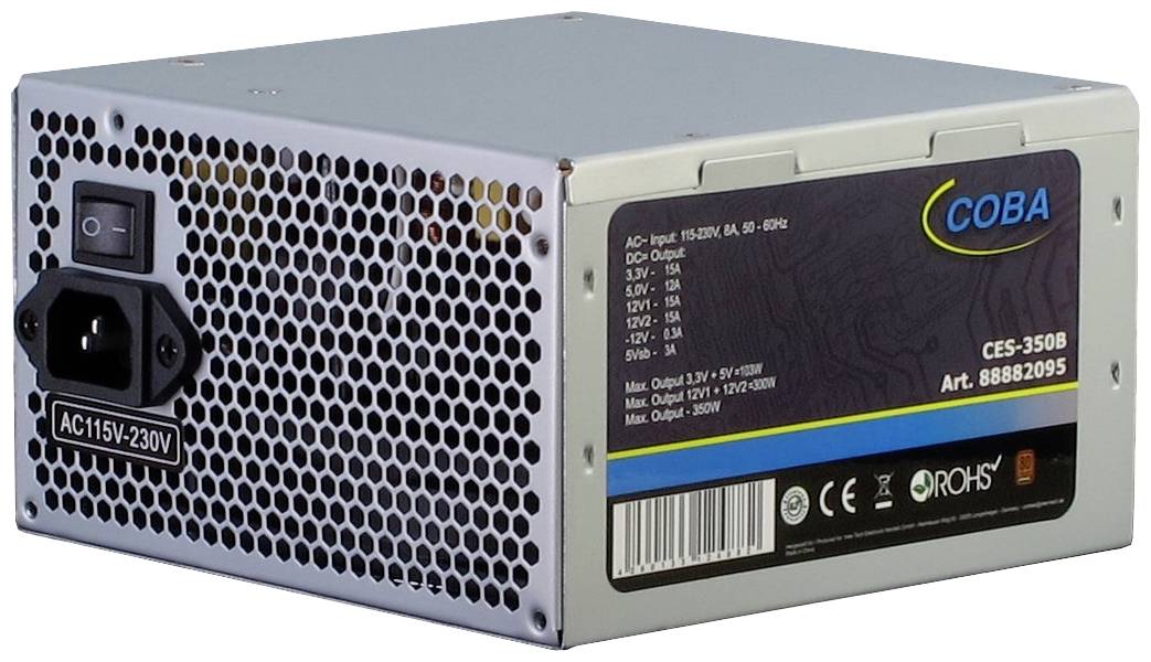 Srebrno-szary zasilacz komputerowy firmy COBA, model CES-350B, z włącznikiem sieciowym i otworami wentylacyjnymi. Przełącznik napięcia AC115V-230V.