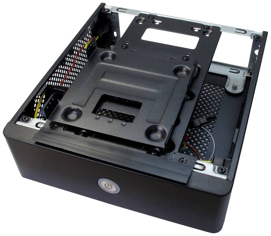 Otwarta obudowa komputera z widocznym włącznikiem sieciowym i wewnętrznymi kablami, ukazująca metalową strukturę i wnętrze.