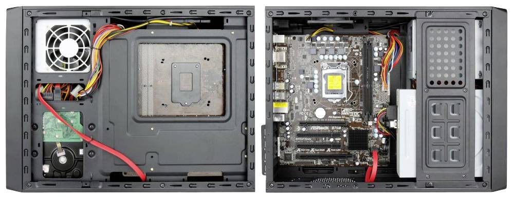Obudowa otwartego komputera: wentylator, zasilacz, dysk twardy i płyta główna z widocznymi komponentami i przewodami.