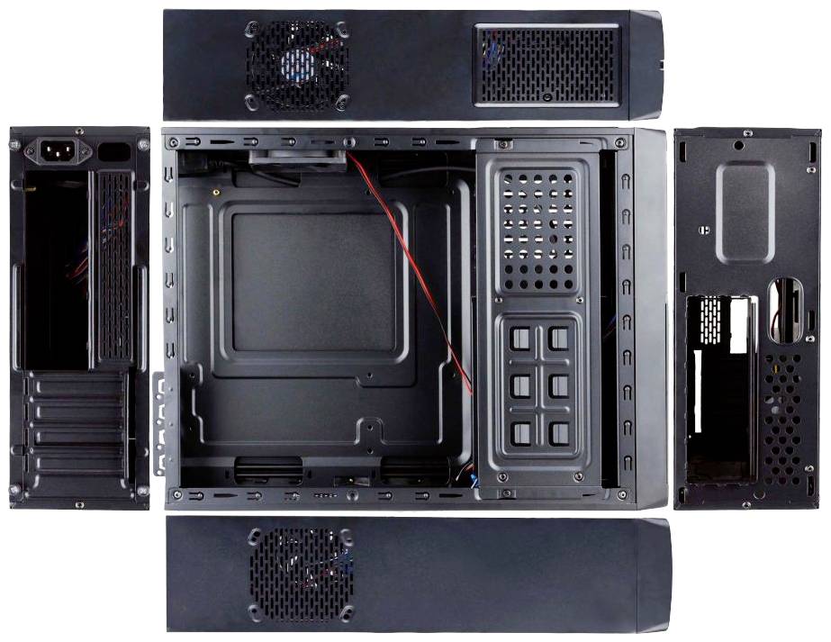 Obudowa komputera pokazana z różnych perspektyw, pusty wnętrz z wentylatorami i złączami, odpowiednia do instalacji technicznych.