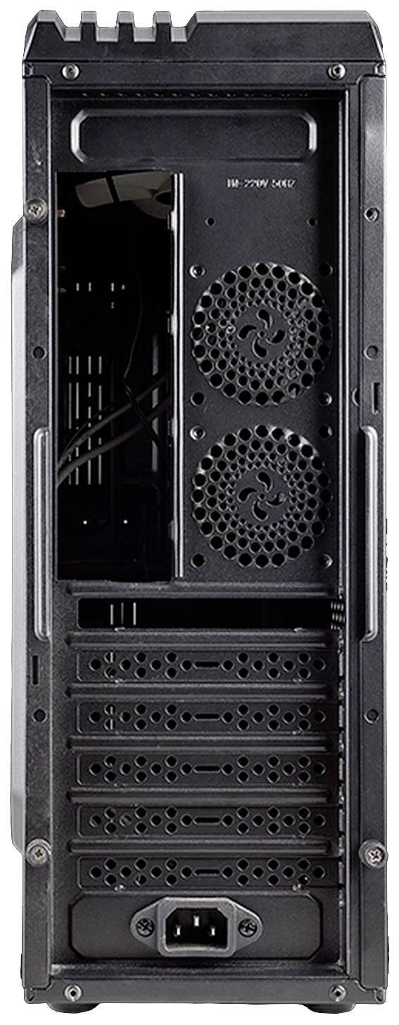 Widok z tyłu otwartej obudowy komputera z widocznymi wentylatorami i gniazdami kart rozszerzeń.