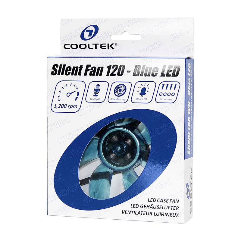 Opakowanie 'Cooltek Silent Fan 120 - Blue LED': prezentuje niebieski wentylator LED o prędkości 1.200 obr./min. Główne cechy: cichy, z dobrze zaprojektowanym przepływem powietrza.