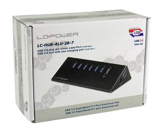 Zdjęcie opakowania rozgałęziacza USB 3.0 LC Power LC-HUB-ALU-2B-7 z siedmioma portami, w tym jednym portem do ładowania. Podkreślono funkcję SuperSpeed.