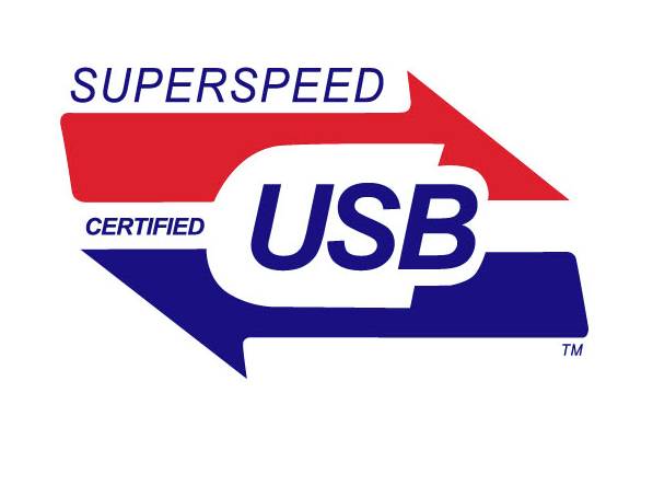 Obraz przedstawia logo 'SuperSpeed Certified USB' z czerwonymi i niebieskimi strzałkami, które wskazują na dodatkową prędkość i certyfikację.