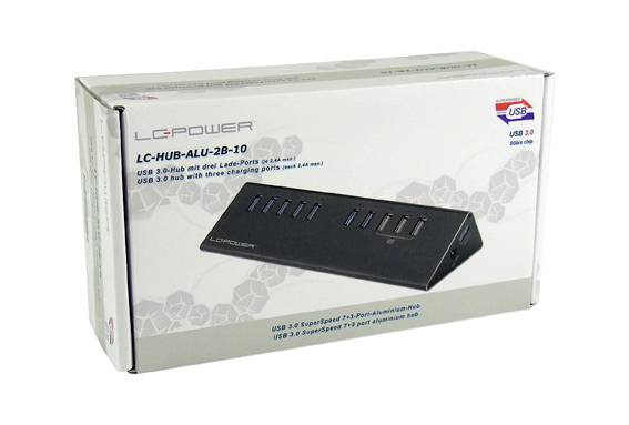 Czarny hub USB 3.0 z dziesięcioma portami w szarym opakowaniu produktowym. Logo LC-Power i informacje o produkcie na przedniej stronie opakowania.