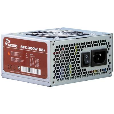 Zasilacz 'ARGUS SFX-300W 82+', pokazujący wentylator, przełącznik i złącze kabla zasilającego. Odpowiedni dla komputerów z obudowami SFX.