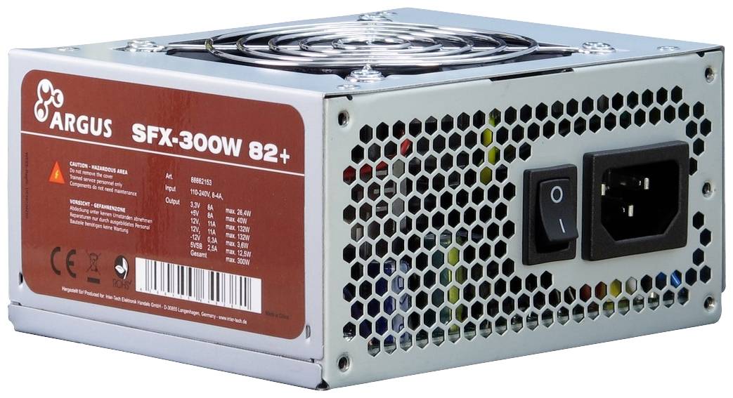 Zasilacz SFX o mocy 300 watów, z etykietą producenta 'ARGUS SFX-300W 82+', z kratką wentylacyjną u góry oraz włącznikiem sieciowym i gniazdem przyłączeniowym po prawej stronie.