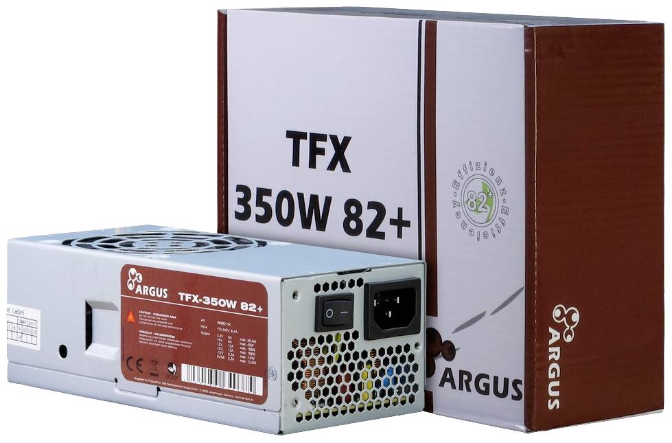 Zasilacz TFX 350W 82+ firmy ARGUS, obok swojego opakowania. Odpowiedni do komputerów, z otworami wentylacyjnymi i złączem zasilania.