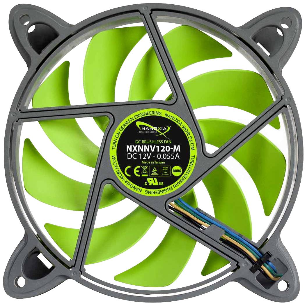 Zielony wentylator obudowy z szarą ramką i przewodami, model NXNNV120-M, odpowiedni do chłodzenia sprzętu komputerowego.