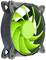 Szary radiator komputerowy z zielonymi łopatkami wentylatora, przeznaczony do obudów PC, służący chłodzeniu komponentów komputerowych.
