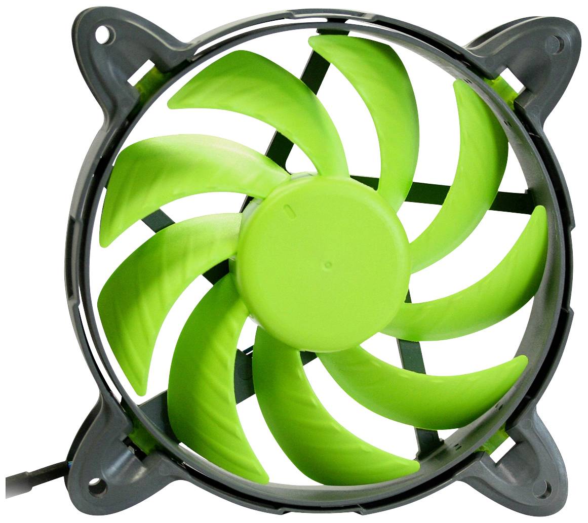 Zielony wentylator komputerowy z siedmioma łopatkami w szarej obudowie.