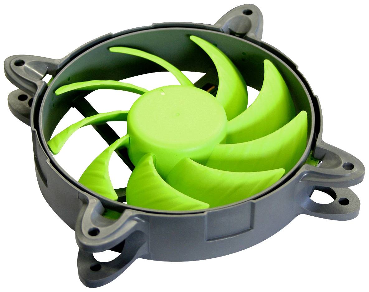 Szary wentylator komputerowy z zielonymi łopatkami wirnika, przeznaczony do chłodzenia urządzeń elektronicznych.