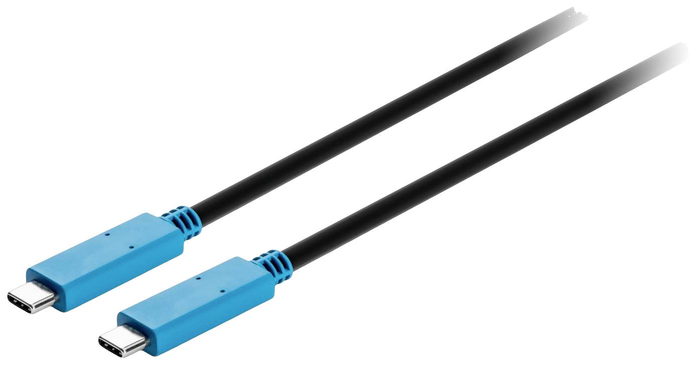 Dwa czarne kable USB-C z niebieskimi wtyczkami ułożone obok siebie na białym tle.