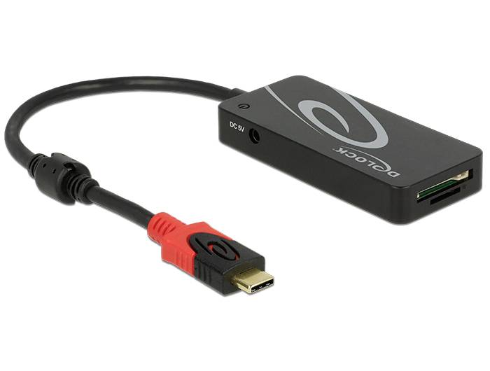 Czarny zewnętrzny czytnik kart z kablem USB i slotem na kartę, odpowiedni do różnych formatów kart pamięci.