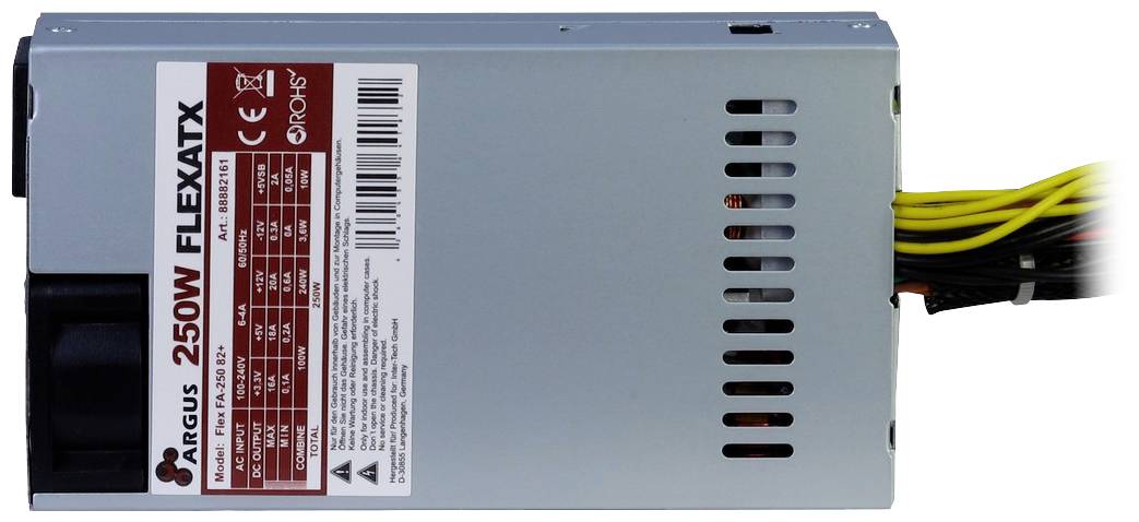 Metalowy zasilacz w formacie FlexATX z etykietą 'Argus 250W FLEXATX'. Widoczny wentylator i wiązki przewodów.
