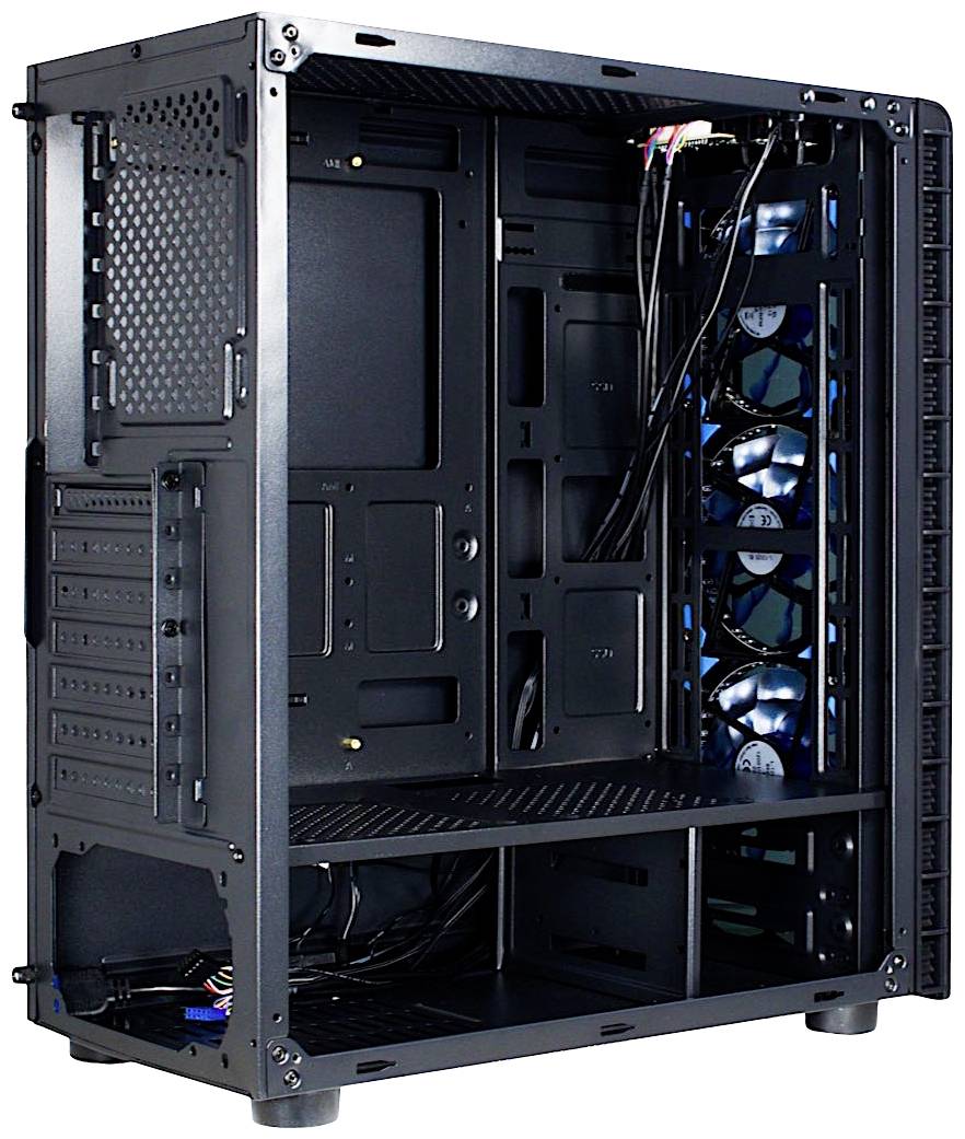 Czarne obudowa komputera z otwartym panelem bocznym. W środku widoczne są liczne wentylatory i okablowanie. Odpowiednie do samodzielnej budowy komputera.