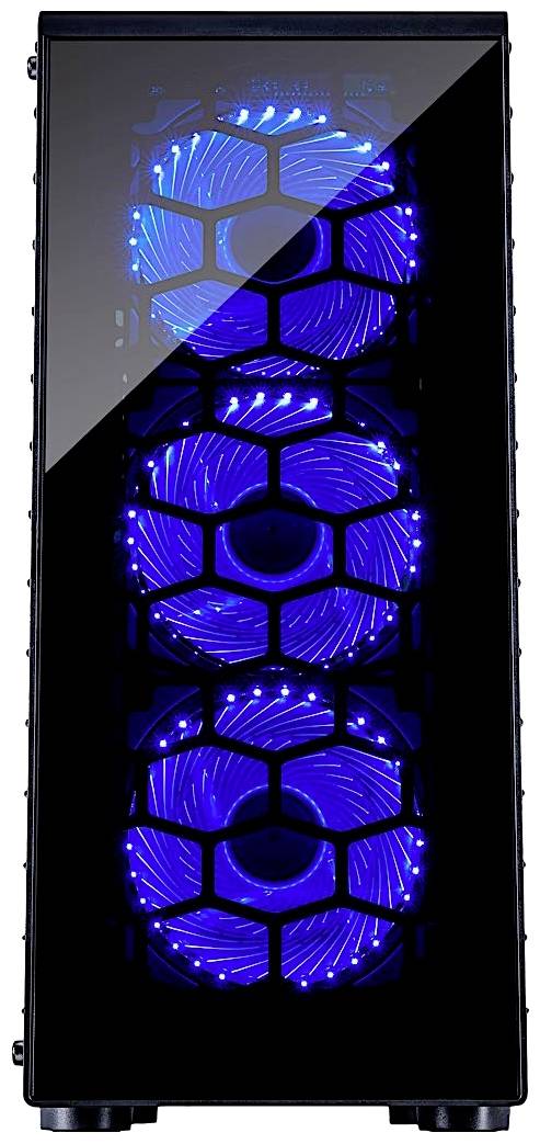 Wieża komputerowa ze szklaną przednią ścianką, trzema widocznymi niebieskimi wentylatorami LED i czarną ramą.