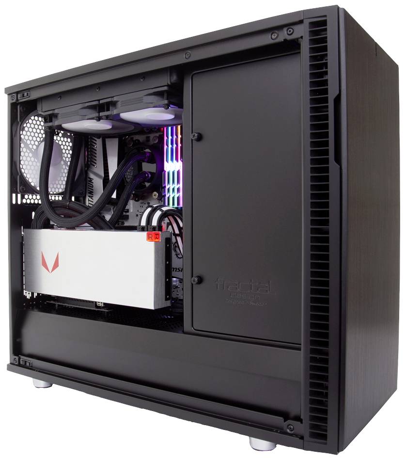 Obudowa komputera z otwartym panelem bocznym prezentuje wewnętrzną elektronikę z podświetlanym systemem chłodzenia i kartą graficzną.