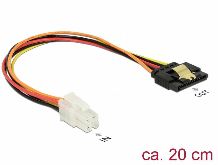 Kabel adaptera energetycznego z przewodami czerwonymi, żółtymi i czarnymi, łączące wtyczkę białą i czarną, długość ok. 20 cm.