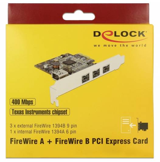 Żółte opakowanie karty PCI Express firmy Delock z interfejsami FireWire A i B oraz chipsetem Texas Instruments, o prędkości 400 Mbps.